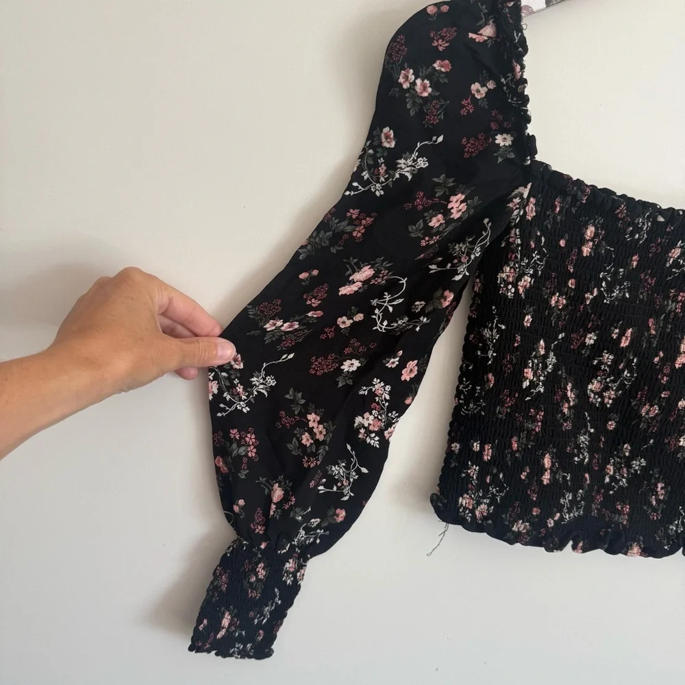 REFORMATION Jolene Smocked Long Sleeve Floral Top Pinto Black Floral XS